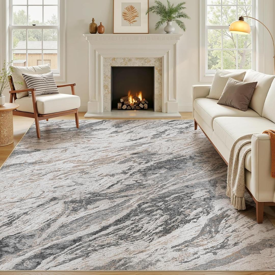 Area Rug 7x9 Low Pile Washable Rug for Living Room Taupe