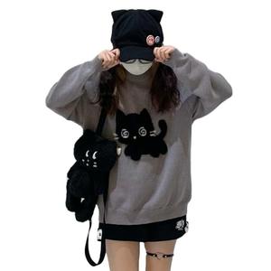 Y2K Kawaii Knit Cute Cat Print Casual Long Sleeve Crew Neck Oversize Pullovers Sweaters for Women (Grey,Medium)