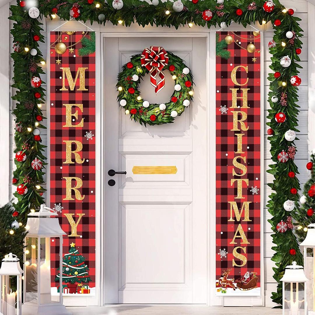 Christmas Decorations Merry Christmas Banner Decor Porch Sign, Christmas Porch Banner Happy New Year Plaid Signs for Home Front Door Fireplace or Holiday Party Decor for Country Wall Hanging Outside