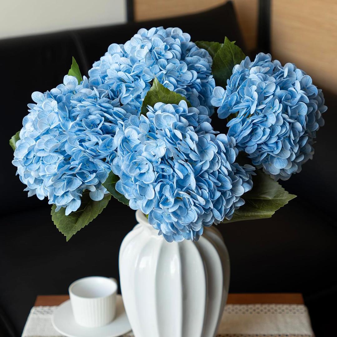 DUYONE 4PCS Artificial Flowers Large Hydrangeas Flowers Latex Bouquet for Wedding Bridal Office Home Party Decoration (4Pcs Blue)