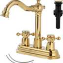 GGStudy Polished Gold Bathroom Faucet - 2 Handles, 4 Inches Centerset, RV Vanity With Drain Assembly and Supply Hose - Lavatory Mixer Double Handle Tap