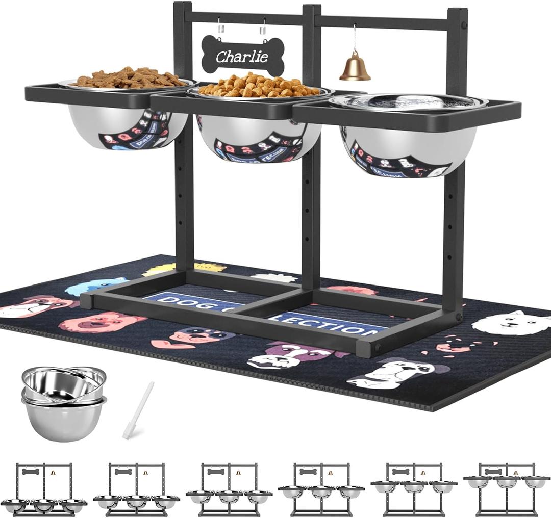 SHAINFUN Elevated Dog Bowls Stand for Medium/Large Dogs with Mat, 6 Height Adjustable Raised Dog Bowl, Three 58oz Food Water Bowls