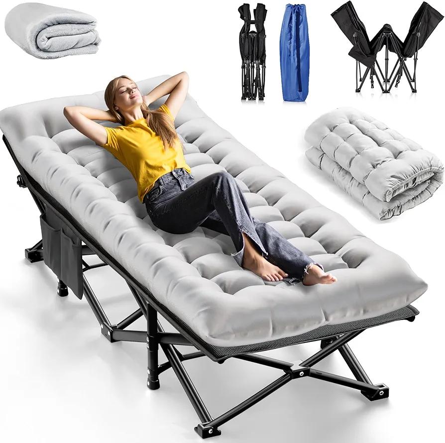 Camping Cots for Adults, Upgraded Folding Camping Cot Heavy Duty Sleeping Cots Bed 1200D Double Layer Oxford Camping Cot Mattress with Flannel Blanket for Home Office Nap Beach Travel, 550LBS