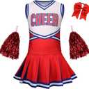GRAJTCIN Girls Cheerleader Costume Kids Cheer Uniform Cheerleading Outfit Halloween Fancy Dress for 6-7 Years Pompoms(130, Red)