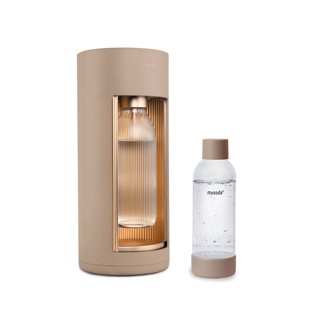 New Mysoda Glassy Design Sparkling Water Maker With 1L Glass & Plastic bottle - Silent Nordic Design Soda Maker Featuring A Sliding Door Opening - No Cylinder Included - Colour Latte