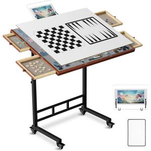 Puzzle Table with Drawers, 1500 Piece Jigsaw Board with Wood Cover and Shelf, Tiltable and 14 Level Height Adjustable, Foldable Puzzles Table with Wheels for Adults Enthusiasts (Grey)