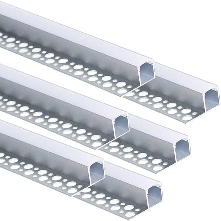 Besseto Plaster-in LED Channel 6 Pack 6.6FT/2 Meter Trim Edge Tile LED Strip Aluminum Channel, Trimless Recessed Drywall Aluminum LED Profile with Milky Diffuser and End Caps