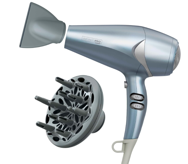 Infiniti PRO CONAIR Hair Dryer with Diffuser and Concentrator, 1875W Style & Shine Blow Dryer with Tourmaline and Ionic Conditioning to Fight Frizz, 3 Heat & 2 Speed Settings, Blue