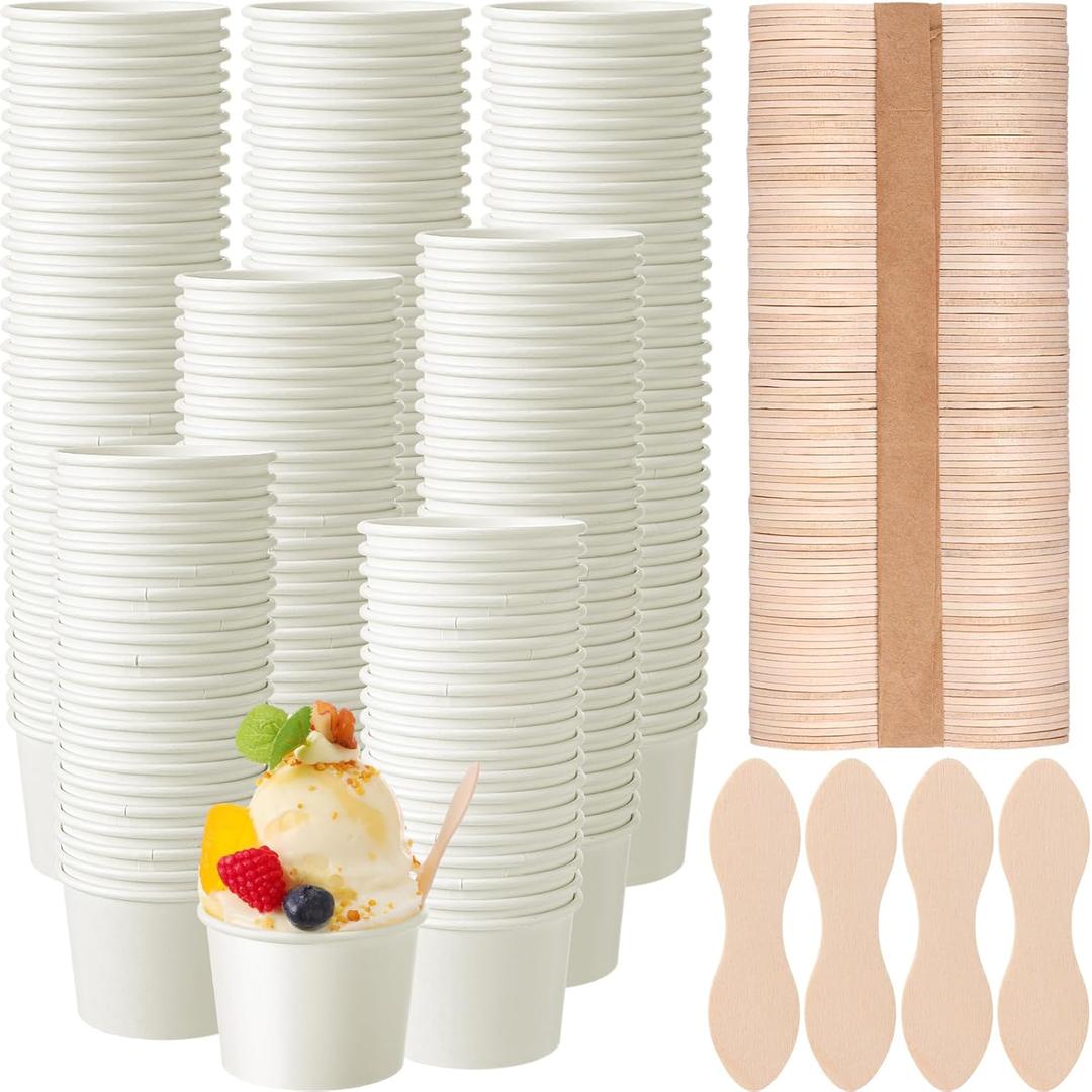 100 Pcs Paper Ice Cream Cups Frozen Yogurt Cup with Spoons 4 oz Disposable White Dessert Bowls Dessert Supplies Mini Wooden Spoons