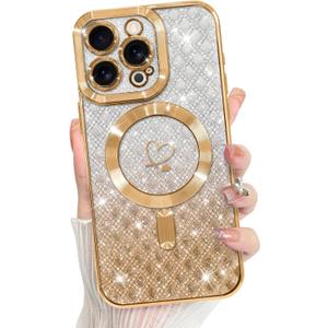Bonoma Compatible with iPhone 17 Pro Max Case 2025 Support for MagSafe, Plating Heart Glitter Magnetic Checkered Case TPU Camera Protection Back Cover for Girls Women -Gold