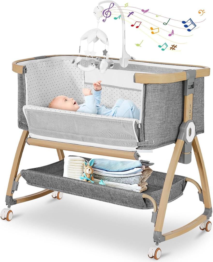 Bedside Bassinet for Baby,Bassinet Bedside Sleeper,Rocking Bassinet,Grey
4 in 1 Portable Bedside Crib with Mattress,Music Mobile,Storage,Mosquito Net,6-Height Adjustable,Lockable Wheels,for Newborn