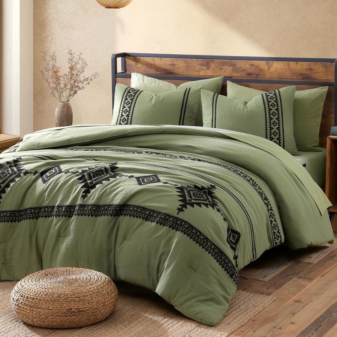 MaiRve Embroidery Queen Size Comforter Sets, Light Olive Green Western Bedding Set Boho 7 Pieces, All Season Farmhouse Bed in A Bag Comforter Set with Sheets, Pillowcases & Shams