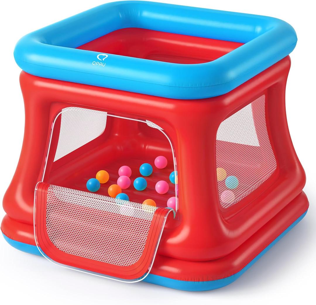 QPAU 3-in-1 Inflatable Bounce House for Toddlers 1-3, Ball Pit & Trampoline, Inflatable Bouncy House with Safety Net, Indoor & Outdoor Bubble Bouncer (Blue & Red)
