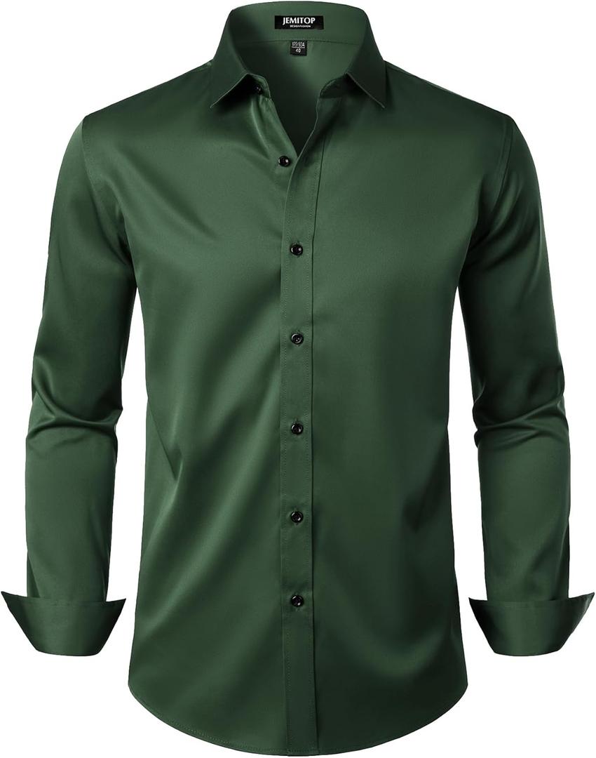 JEMITOP Men's Stretch Wrinkle Free Dress Shirts Formal Prom Wedding Long Sleeve Button Down Shirts (Medium, Dark Green)