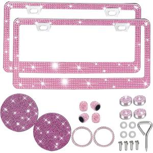Pink Bling Rhinestone License Plate Frame 2 Packs Sparkly License Plate Holder Glitter Bedazzled Crystal Car License Plate Frame