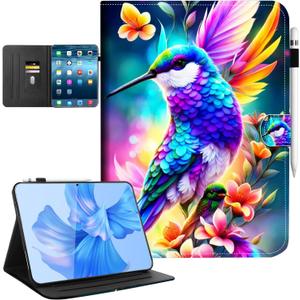 iPad (A16) 11th Generation Case, iPad 10th Generation Case with Pencil Holder Women Girls Shockproof Multi-Angle View Adjustable Stand Magnetic Closure/Card Slots/Auto Wake Sleep, Flowers Hummingbird