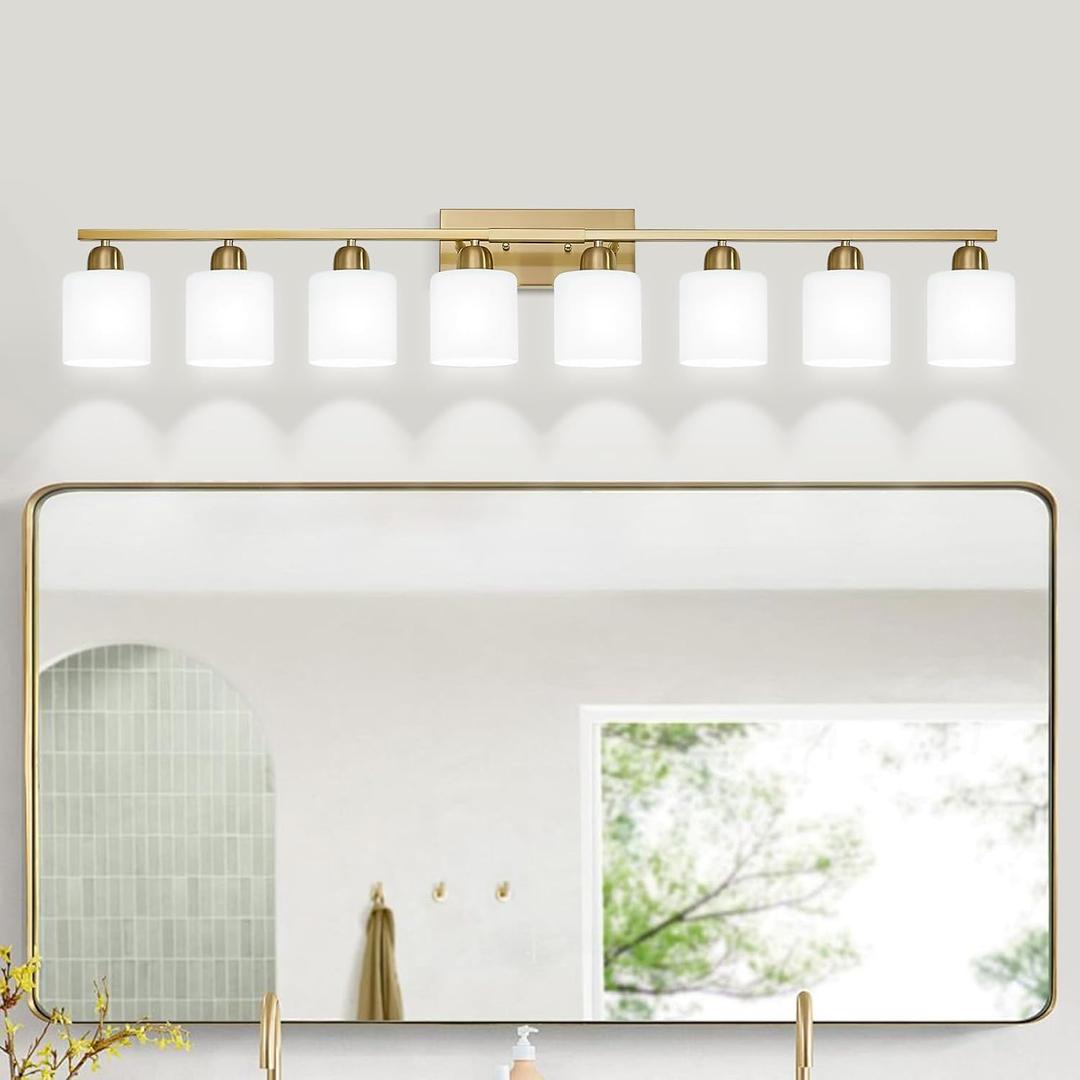 8 Light Bathroom Light Fixtures Gold for Big Mirror, Brushed Gold Vanity Lights for Bathroom with Milky White Frosted Glass Shades, 51 inch Wall Sconce for Mirrors Living Room Bedroom