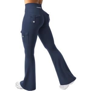 YEOREO CoreFlex Women Workout Flare Leggings with Pockets Hidden Scrunch High Waisted Cargo Gym Yoga No Front Seam Leggings (Medium, Blue Navy)