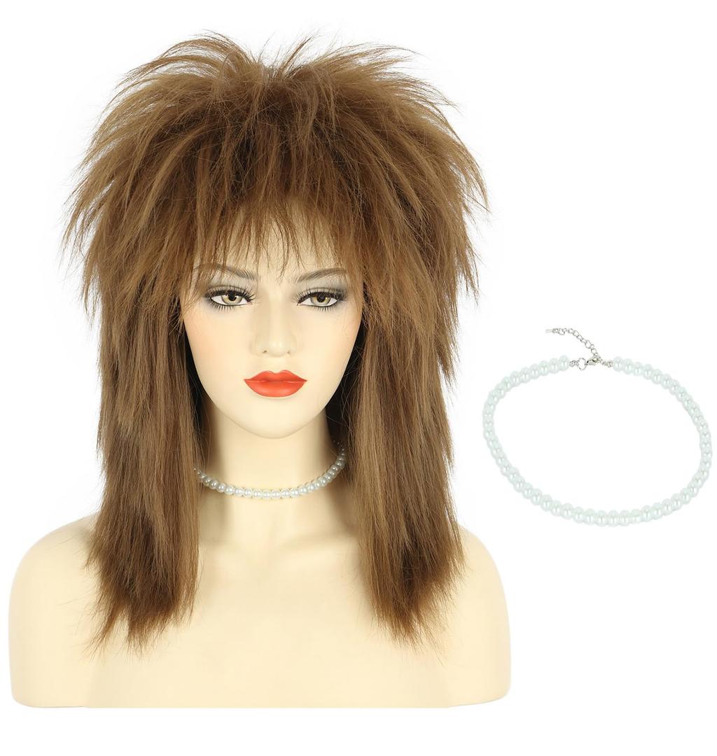 karlery Women Men Long Curly Brown Wig with Necklace 70s 80s Rocker Mullet Costume Wig Halloween Cosplay Party Wig
