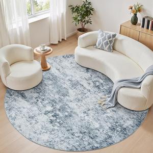 WITSHOCK 8ft Round Area Rug for Living Room: 8x8 Washable Neutral Modern Abstract Soft Thin Rug Indoor Floor No Slip Rug Carpet for Bedroom Under Dining Table Home Office Decor (Blue)