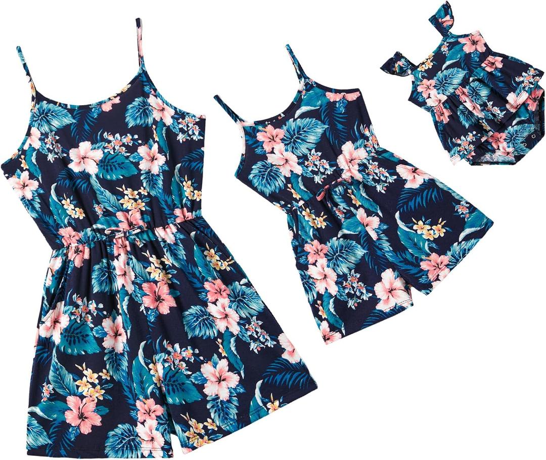 PATPAT Matching Floral Print Sleeveless Jumpsuit for Mom and Daughter Summer Vacation Outfit (L, Navy Flower)