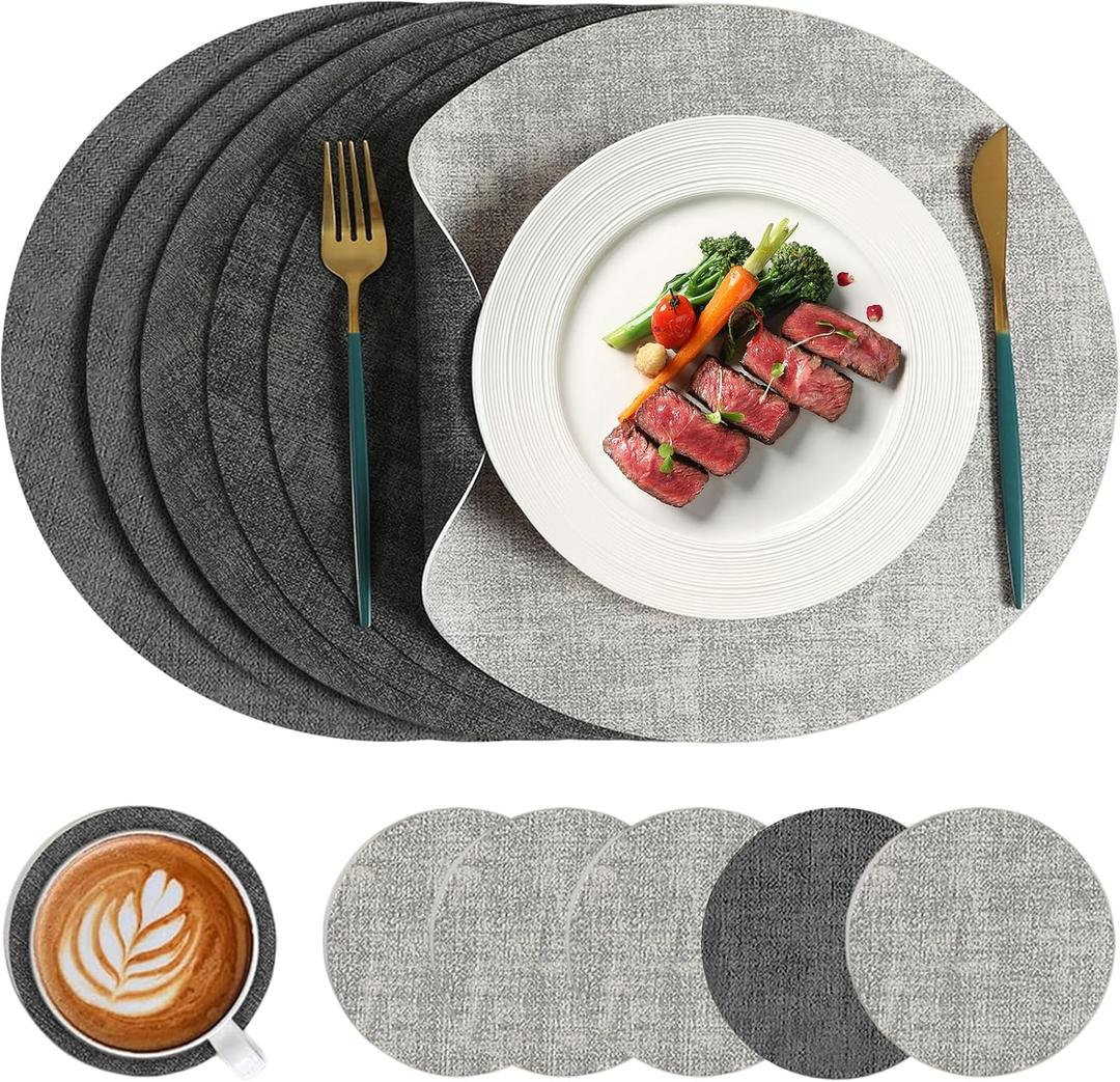 13" Round Placemats Set of 6 with Coasters, Reversible Faux Leather Heat-Resistant Table Mats, 100% Waterproof Oilproof Wipeable Double-Sided Place Mats for Indoor/Outdoor Use (Light Grey) ﻿ ﻿