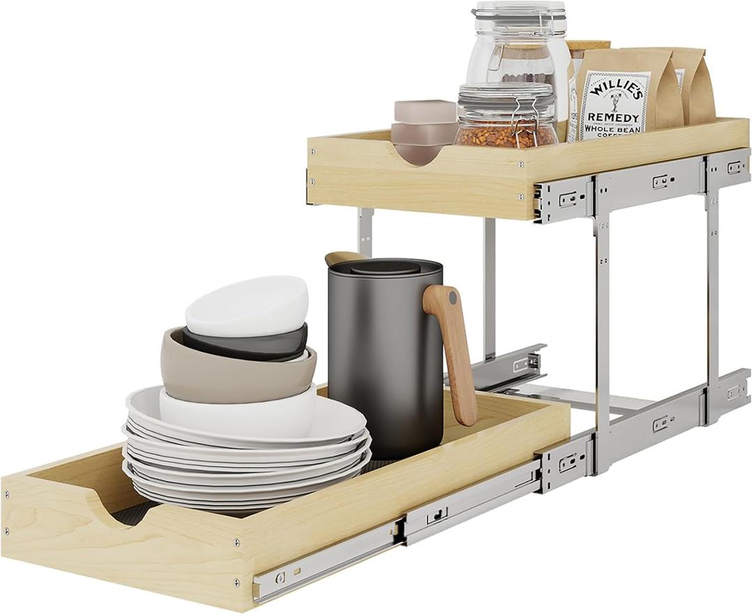 YORKING 2 Tier Pull Out Cabinet Organizer,11" W x 21" D Wooden Cabinet Pull Out Drawers,Heavy-Duty Slide out Wood Drawer Shelf,Pull Out Drawer for Cabinets,Pantry, Bathroom,Kitchen
