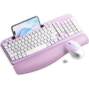 Wireless Keyboard and Mouse Combo, Wave Keys Computer Ergonomic Keyboard with Cushioned Plam Rest, Phone Holder, 2.4GHz Silent 6 Button Wireless Mouse Set for Laptop, PC, Windows, Mac (Purple)