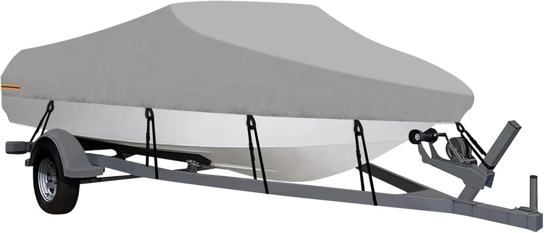 OutdoorLines Waterproof Boat Covers 16-18.5 Ft Long Gray- Heavy Duty UV Resistant Trailerable Boat Covering for V-Hull,Tri-Hull, Bass, Runabout, Fish&Ski,Pro-Style Fishing Boats (16'-18.5',Beam width up to 94")