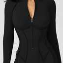 AEEZO Womens Contour Seams Long Sleeve Padded Workout Jumpsuit Zip Up Tummy Control One Piece Bodycon Yoga Rompers (Black, M)