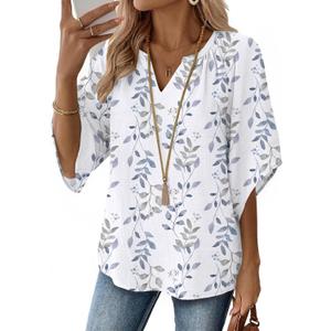 Zeagoo Womens Top 3/ 4 Sleeve V Neck Bohemian Peasant Blouses Casual Loose Fit Tunic Trendy Flowy Tops Blue Leaf XL