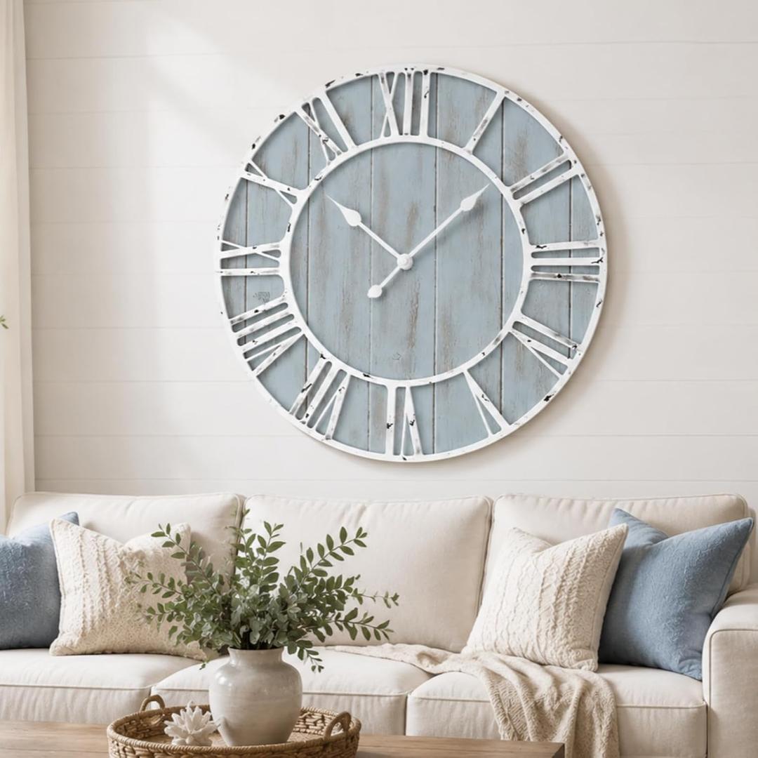 Quelay 30 Inch Large Coastal Wall Clock, Blue Farmhouse Clock