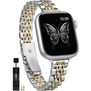 Moolia Slim Metal Band Compatible with Apple Watch Band 42/41/40/38/46/45/44/49mm Modern Design Elegant Luxury Women Replacement Bracelet for iWatch Series 11 10 9 8 7 6 5 4 3 2 1 SE/Ultra(1/2/3) (Silver/Gold)