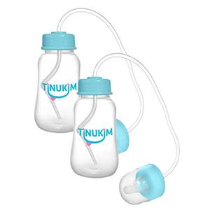 Tinukim iFeed 4 Ounce Self Feeding Baby Bottle with Tube - Handless Anti-Colic Nursing System, Blue - 2-Pack