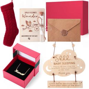 4 Pcs Christmas New Mom Gifts for Women with Exquisite Box Newborn Baby Pregnancy Gift for New Parents Gender Reveal Gifts with Mom and Dad Stocking Necklace Set for First Time Moms