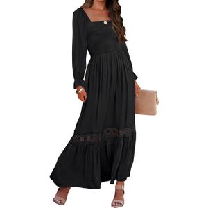 ZESICA Women's 2025 Boho Long Sleeve Square Neck Smocked High Waist Flowy A Line Lace Trim Maxi Dress Black XL