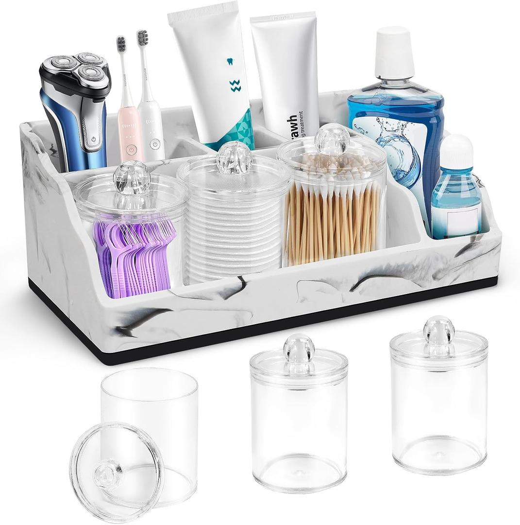 Bathroom Organizer Countertop, White Marble Toothbrush Holders for Bathrooms with 3PCS Qtip Holder Dispenser, Toothbrush and Toothpaste Holder for Bathroom Counter Organization Storage Vanity
