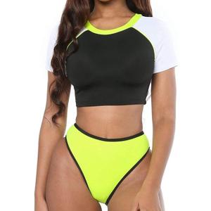 Women's Short Sleeve Swimsuit High Waisted Bikini Neon Yellow Bathing Suits Thong Triangle Swimwear Rashguard Sporty Two Piece XL