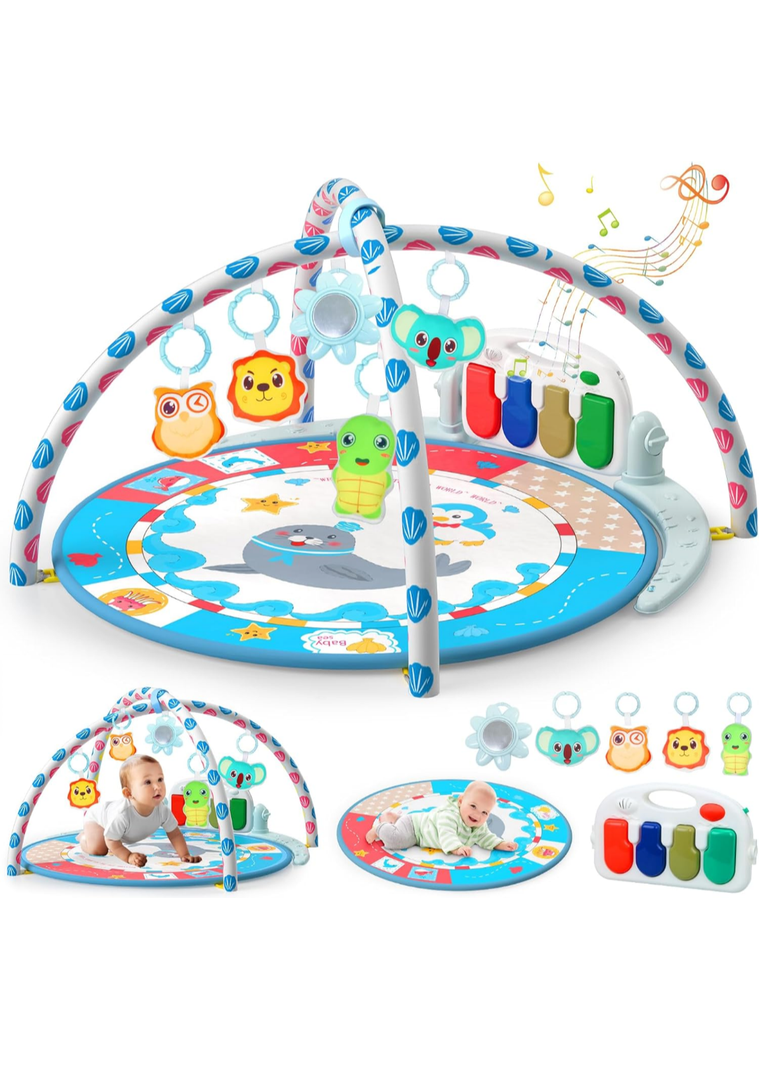 Baby Tummy Time Mat, Baby Gyms Playmats Activity Mat with 4 Toys and Mirror, Piano Keys with 40 Music, Multi-Functional Sensory Development Activity Gym for Infants and Toddlers 3 to 18 Month(Blue)