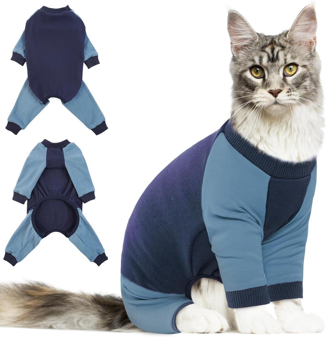 DENTRUN Cat Recovery Suit, Kitten Hair Sticky Onesie, Surgical Cone Alternative Shirts for Female Male Cat After Surgery, Cat Shedding Control Clothes Pajama Apparel for Cats Only (Large, Blue)