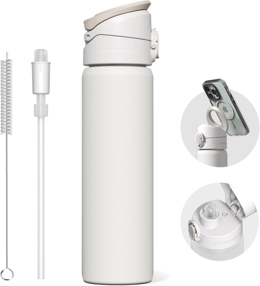 RHINOSHIELD AquaStand Magnetic Bottle 23 oz | Stainless Steel Insulated Water Bottle with Straw Lid, Sport Bottle with MagSafe Compatible Handle, Tripod with Adjustable Angles, Leak Proof - White (22.7 Ounces)