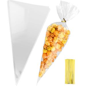 7x15 Inches Cone Shaped Treat Bags, 100 Pcs Clear Cellophane Treat Bags Plastic Cone Triangle Carrot Shaped with Ties for Graduation Candy Popcorn Bag Cookies Snack Party Favor Gift Pouches Decorations