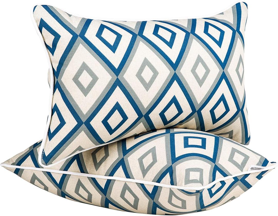 JMGBird Outdoor Pillows Waterproof Set of 2 Outdoor Lumbar Pillows with Insert Included 12 x 20 Inch Outdoor Pillow for Patio Furniture (Rhombus White With Blue)