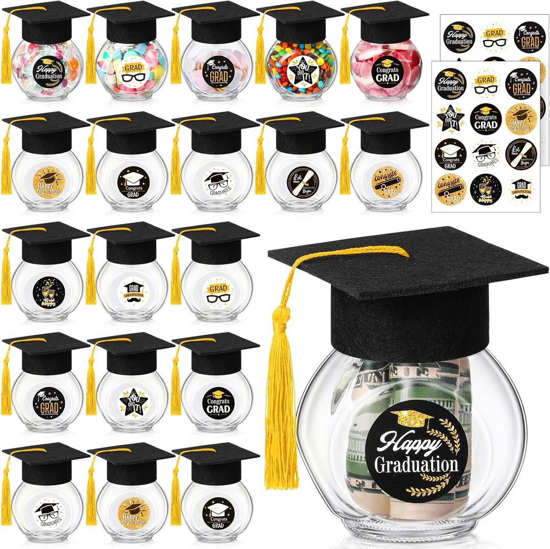 20 Sets Glass Graduation Cap Candy Jars Class of 2025 Graduation Party Decorations Candy Boxes Containers with Sticker for 2025 Grad Ceremony Party DIY Supplies(Black and Gold)