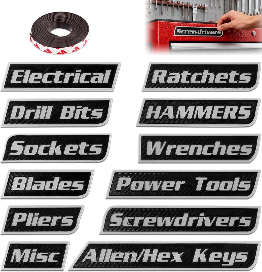 12 Pack Magnetic Tool Box Labels Set, 3D-Printed Reusable Tags for Steel Toolboxes, Carts, Drawers, Multipurpose Organization
