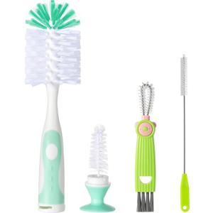 Baby Bottle Brush Set 4 in 1, Baby Bottle Cleaner, with 1P Nylon Bottle Brush, 1P Bottle Cap Brushes, 2P Straw Brushes, Bottle Brush with Nipple Cleaner and Suction Cup, BPA-Free(Green)