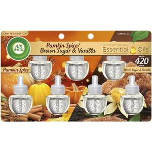Air Wick Plug in Scented Oil Refill, 7ct, Pumpkin + Brown Sugar Mixed Pack, Fall Scent, Essential Oils, Air Freshener (0.74 Fl Oz (Pack of 7))