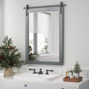 Farmhouse Wall Mirror, Rustic Wood Frame Bathroom Mirror Barn Door Inspired Decorative Vanity Dress Mirrors for Living Room Entryway, 22x30 INCH Gray Vertical