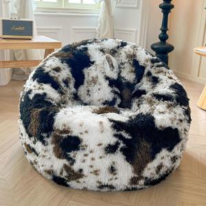 XeGe Cow Print Fluffy Bean Bag Chair Cover (No Filler), Faux Fur Brown Soft Replacement Stuffed Animal Storage Bean Bag Cover for Toys, Plush Shaggy Large Beanbag for Adults Kids, Anti-slip, Brown (Large(38"x38"x40"))