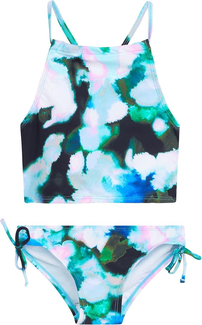 Kanu Surf Girls' Daisy UPF 50 Beach Sport Halter Tankini 2-Piece Swimsuit (14, Tropical Reef Black/Blue)